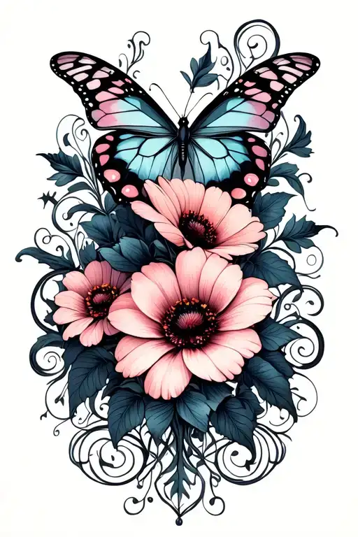 Flowers And Butterflies With Swirls
