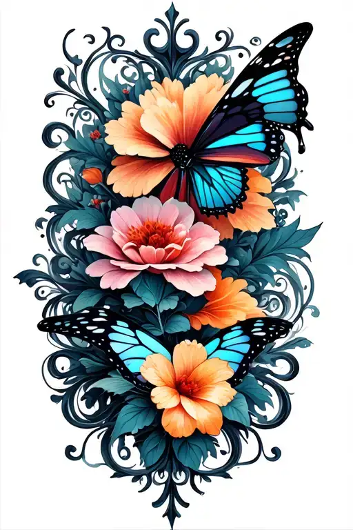Flowers And Butterflies With Swirls Like Lively Flames