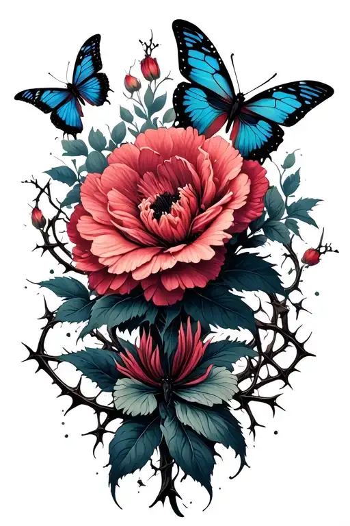 Flowers And Butterflies With Thorns Surrounded