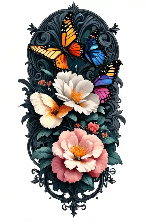 Flowers And Butterflies With Swirls