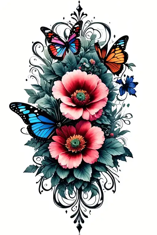 Flowers And Butterflies With Swirls