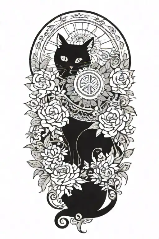 Black Hippie Cat With Trippy Flowers And Sun With Peace Sign