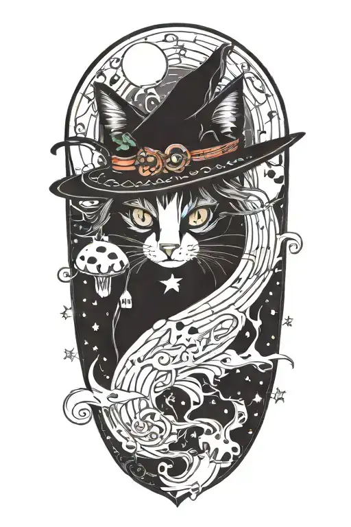 Witch Cat With Moon And Stars And Colorful Mushrooms And Bats