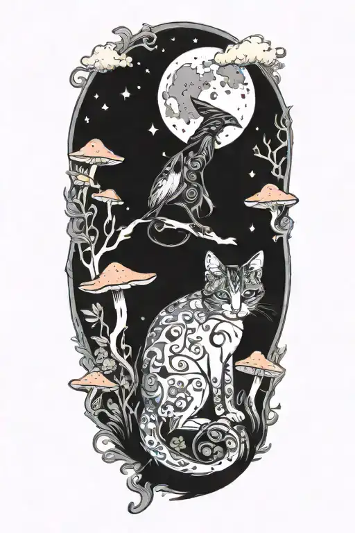 Witch Cat With Moon And Stars And Colorful Mushrooms And Bats