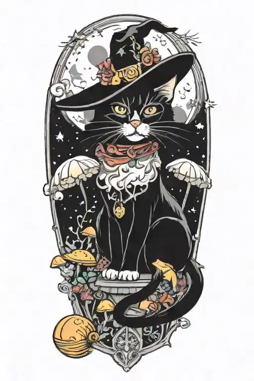 Witch Cat With Moon And Stars And Colorful Mushrooms And Bats