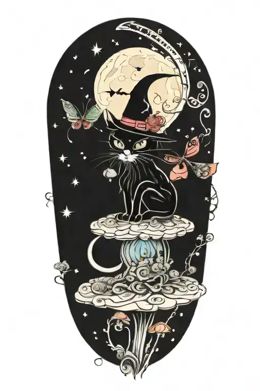 Witch Cat With Moon And Stars And Colorful Mushrooms And Bats