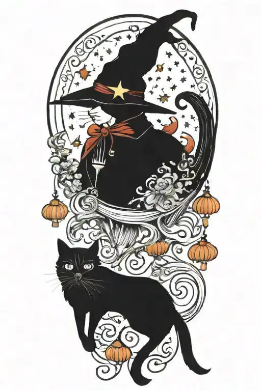 Witch Cat With Moon And Stars And Colorful Mushrooms And Bats