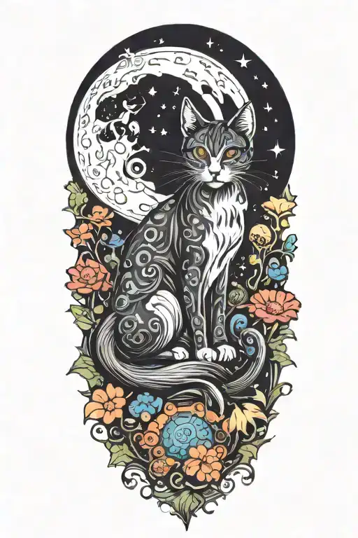 Witch Cat With Moon And Stars And Colorful Mushrooms And Bats