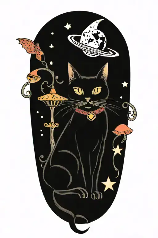 Witch Cat With Moon And Stars And Colorful Mushrooms And Bats