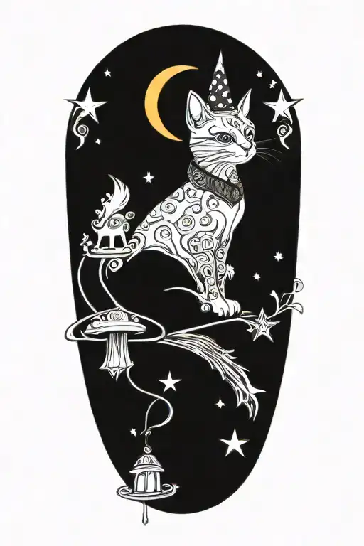 Witch Cat With Moon And Stars And Colorful Mushrooms And Bats