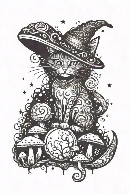 Witch Cat With Moon And Stars And Colorful Mushrooms Trippy