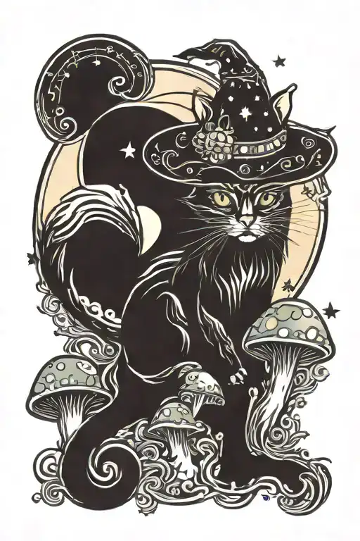 Witch Cat With Moon And Stars And Colorful Mushrooms Trippy