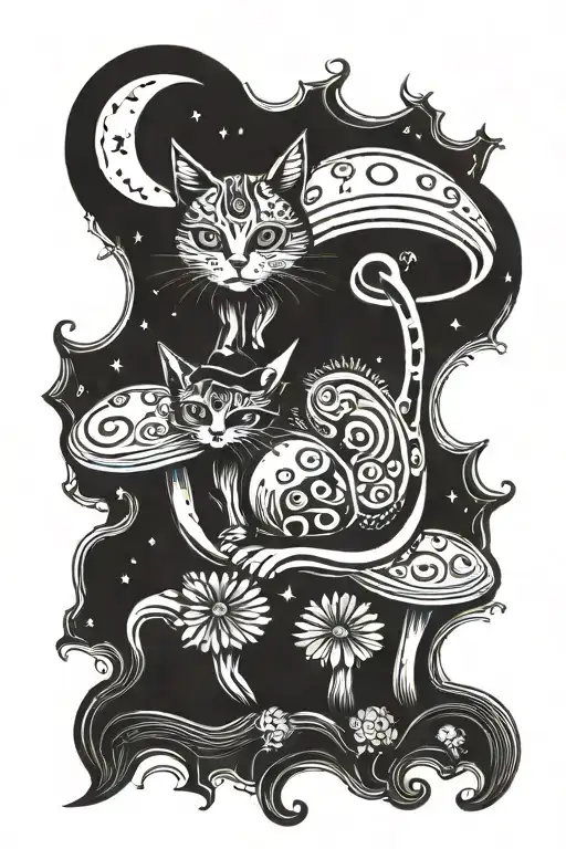 Witch Cat With Moon And Stars And Colorful Mushrooms Trippy