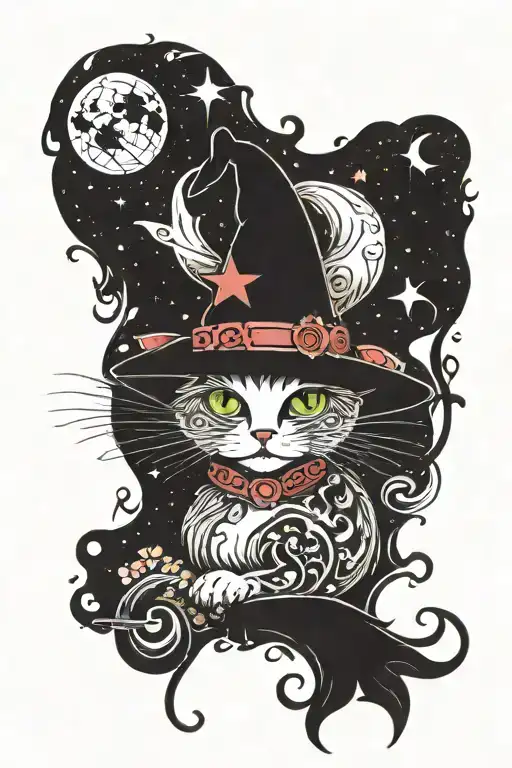 Witch Cat With Moon And Stars And Colorful Mushrooms Trippy