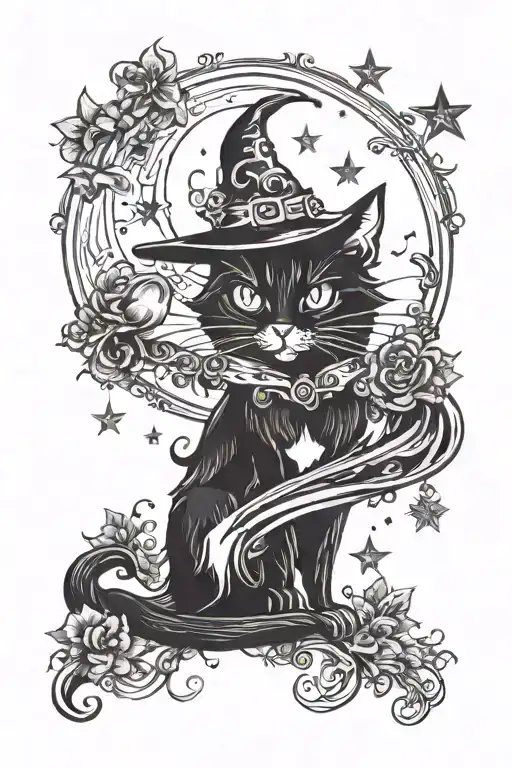 Witch Cat With Moon And Stars And Colorful Mushrooms Trippy