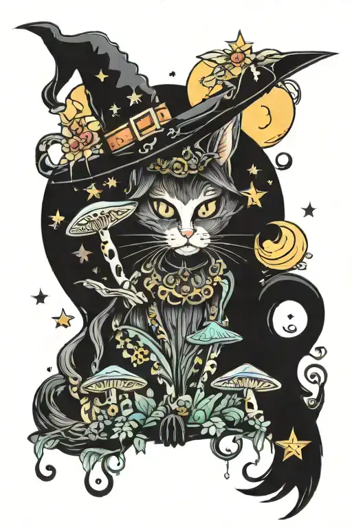 Witch Cat With Moon And Stars And Colorful Mushrooms Trippy