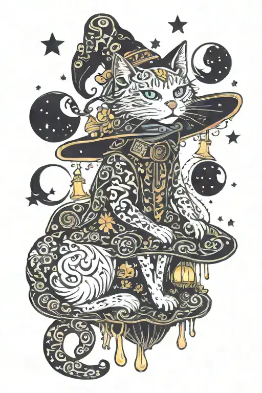 Witch Cat With Moon And Stars And Colorful Mushrooms Trippy