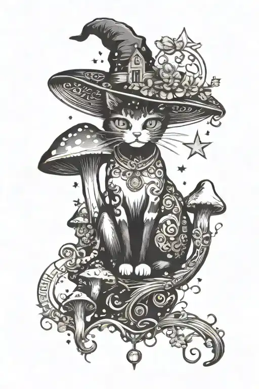 Witch Cat With Moon And Stars And Colorful Mushrooms Trippy