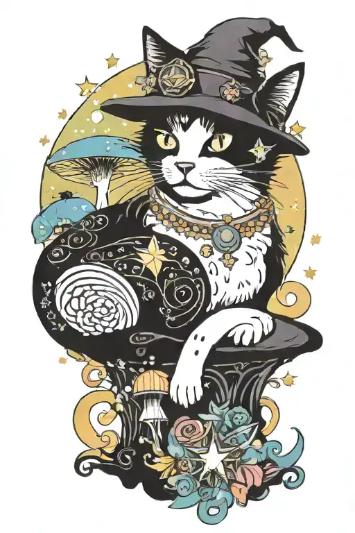 Witch Cat With Moon And Stars And Colorful Mushrooms Trippy