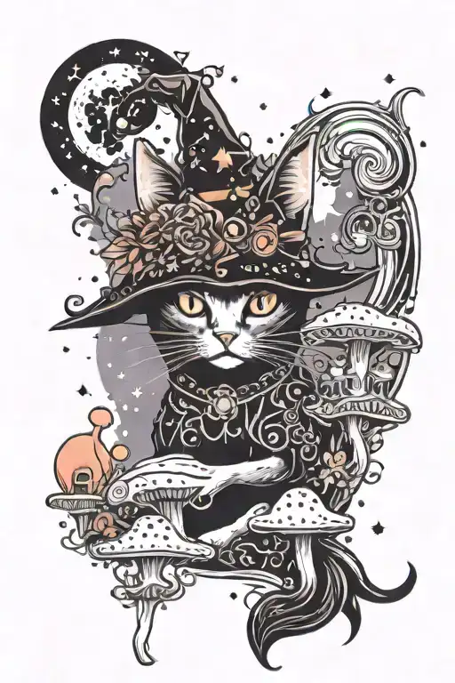 Witch Cat With Moon And Stars And Colorful Mushrooms Trippy