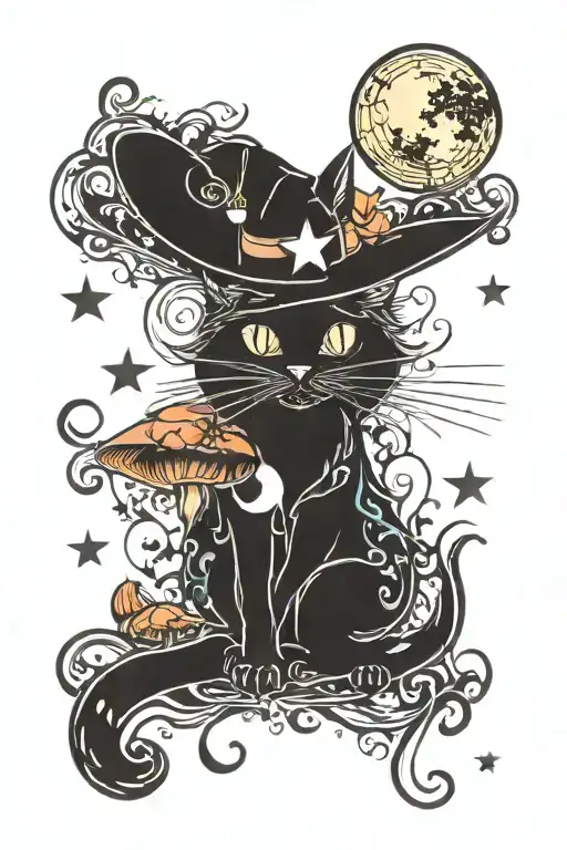 Witch Cat With Moon And Stars And Colorful Mushrooms Trippy