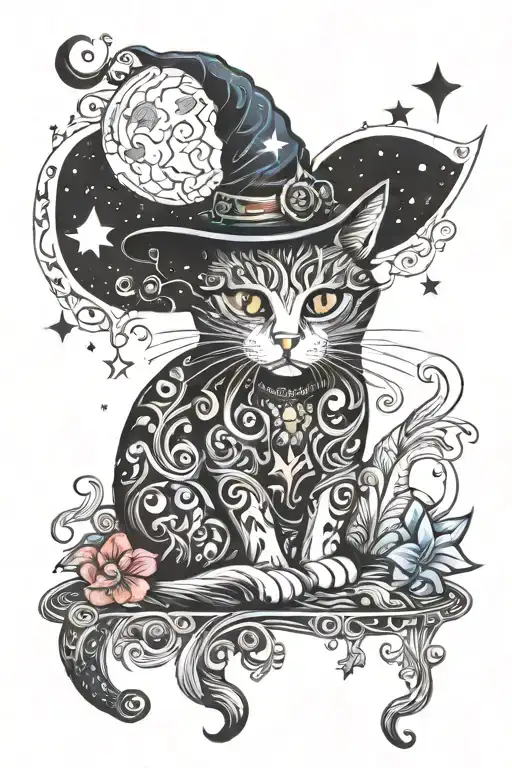 Witch Cat With Moon And Stars And Colorful Mushrooms Trippy