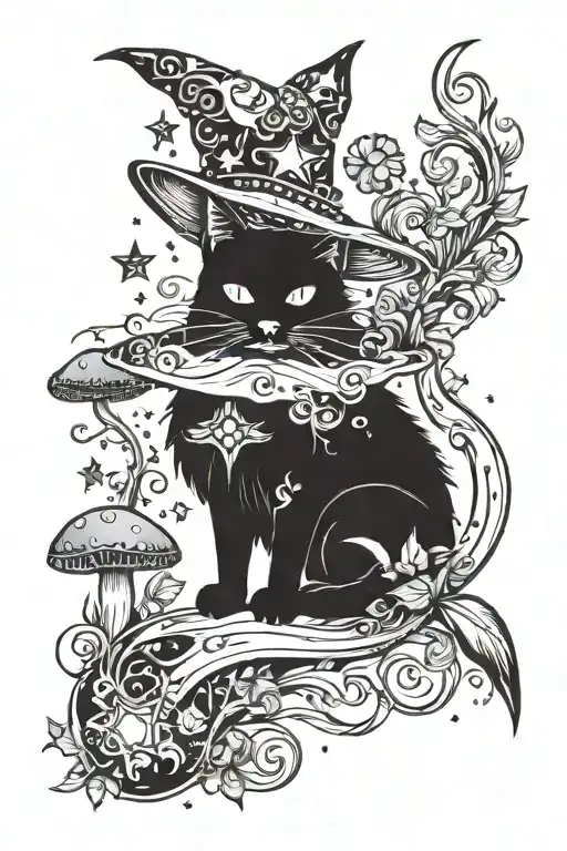 Witch Cat With Moon And Stars And Colorful Mushrooms Trippy