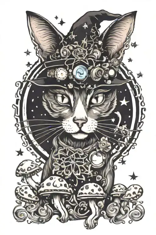 Witch Cat With Moon And Stars And Colorful Mushrooms Trippy