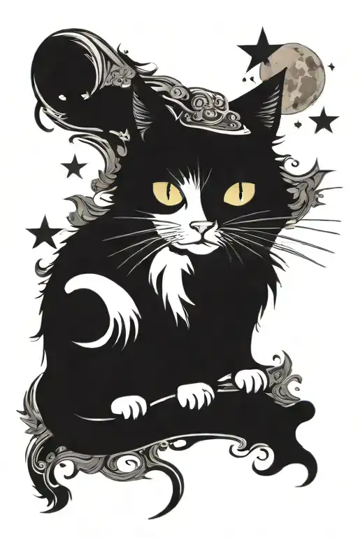 Witch Cat With Moon And Stars And Colorful Mushrooms Trippy
