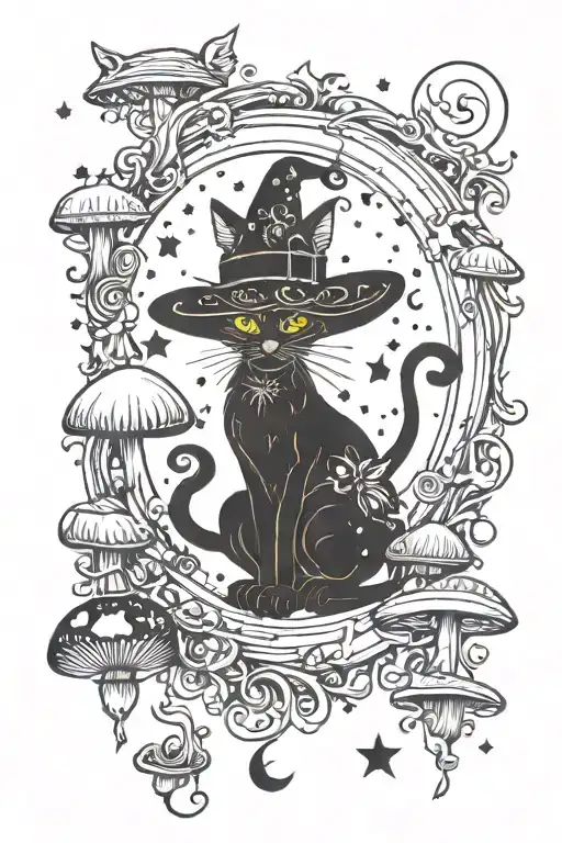 Witch Cat With Moon And Stars And Colorful Mushrooms Trippy