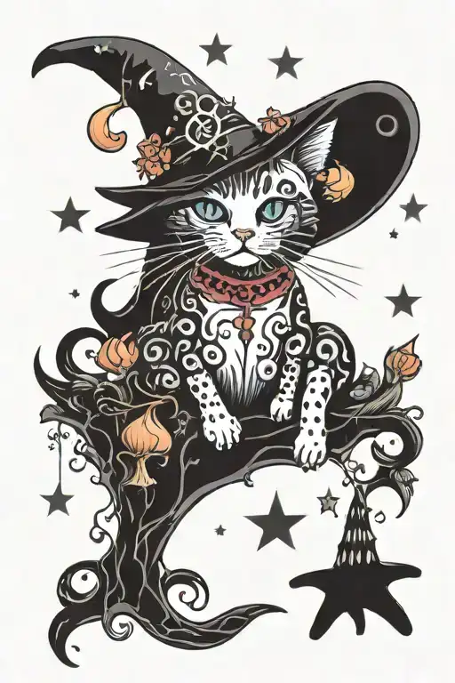 Witch Cat With Moon And Stars And Colorful Mushrooms Trippy