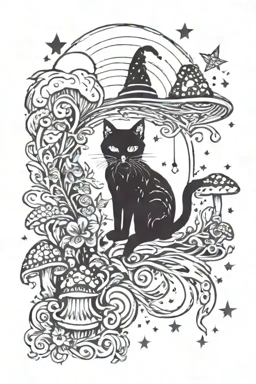 Witch Cat With Moon And Stars And Colorful Mushrooms Trippy