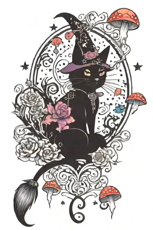 Witch Cat With Moon And Stars And Colorful Mushrooms Trippy