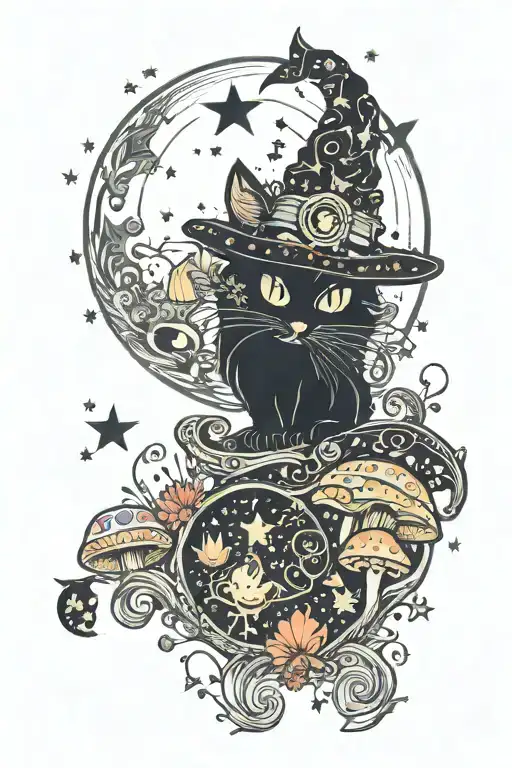 Witch Cat With Moon And Stars And Colorful Mushrooms Trippy