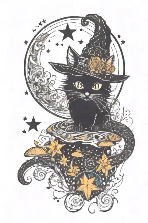Witch Cat With Moon And Stars And Colorful Mushrooms Trippy