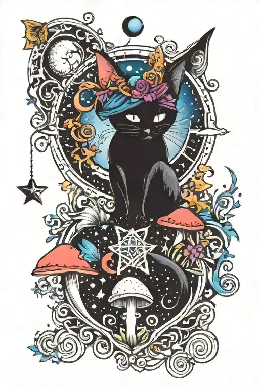 Witch Cat With Moon And Stars And Colorful Mushrooms Trippy