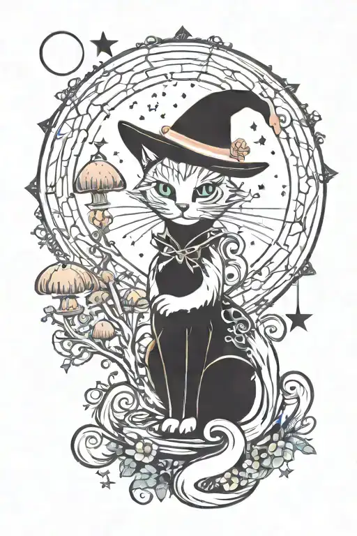 Witch Cat With Moon And Stars And Colorful Mushrooms Trippy