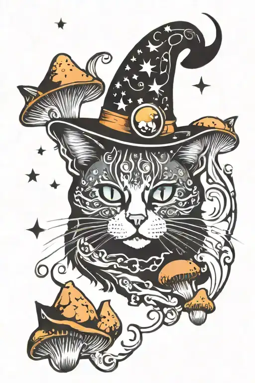 Witch Cat With Moon And Stars And Colorful Mushrooms Trippy
