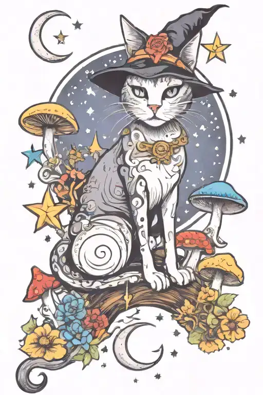 Witch Cat With Moon And Stars And Colorful Mushrooms Trippy