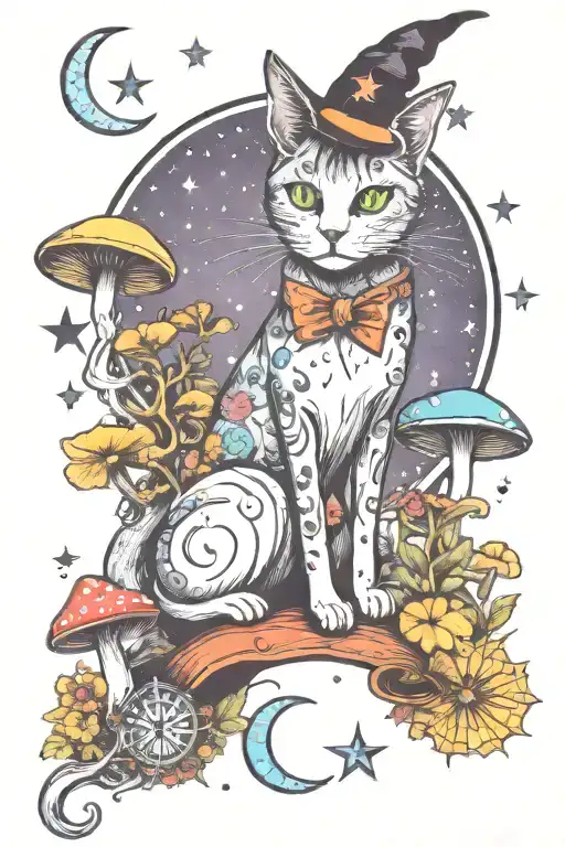 Witch Cat With Moon And Stars And Colorful Mushrooms Trippy
