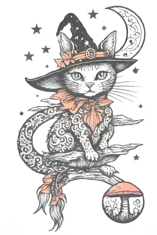 Witch Cat With Moon And Stars And Colorful Mushrooms Trippy