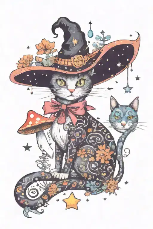 Witch Cat With Moon And Stars And Colorful Mushrooms Trippy