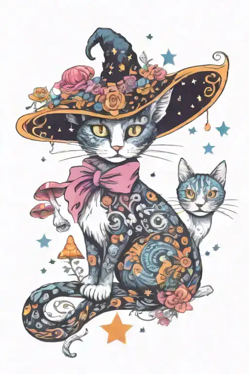 Witch Cat With Moon And Stars And Colorful Mushrooms Trippy