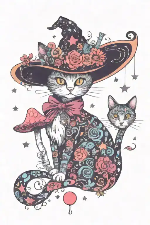 Witch Cat With Moon And Stars And Colorful Mushrooms Trippy