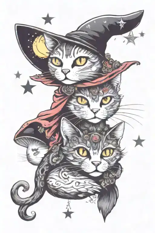 Witch Cat With Moon And Stars And Colorful Mushrooms Trippy