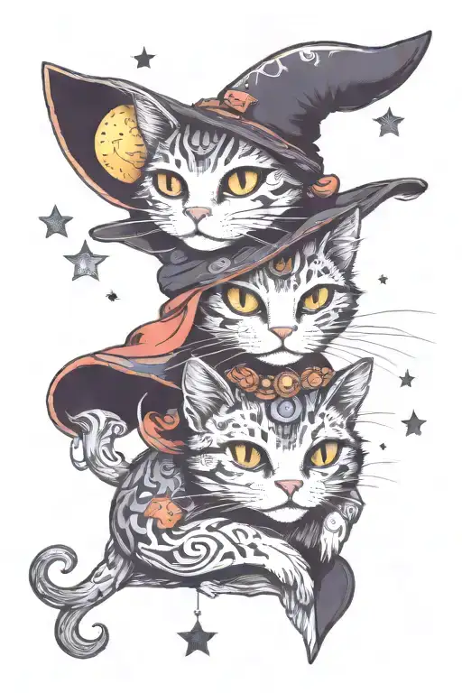 Witch Cat With Moon And Stars And Colorful Mushrooms Trippy