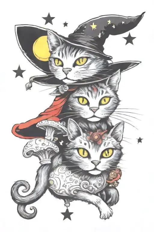 Witch Cat With Moon And Stars And Colorful Mushrooms Trippy