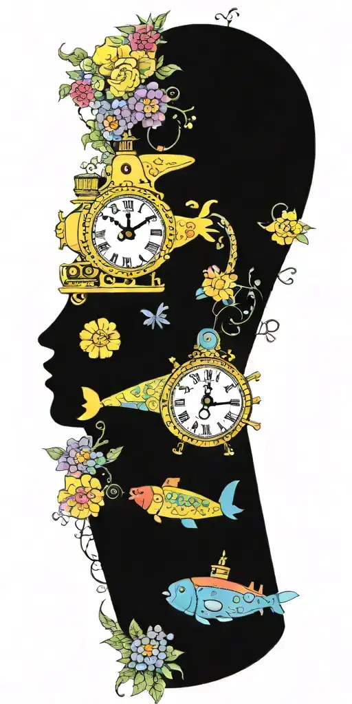 Yellow Submarine With Colorful Flowers And Clock And Rainbow
