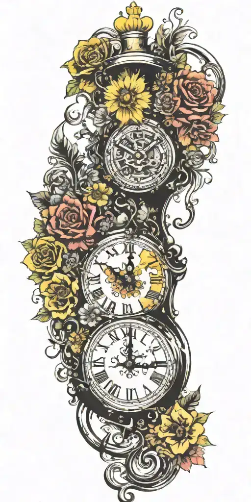 Yellow Submarine With Colorful Flowers And Clock And Rainbow