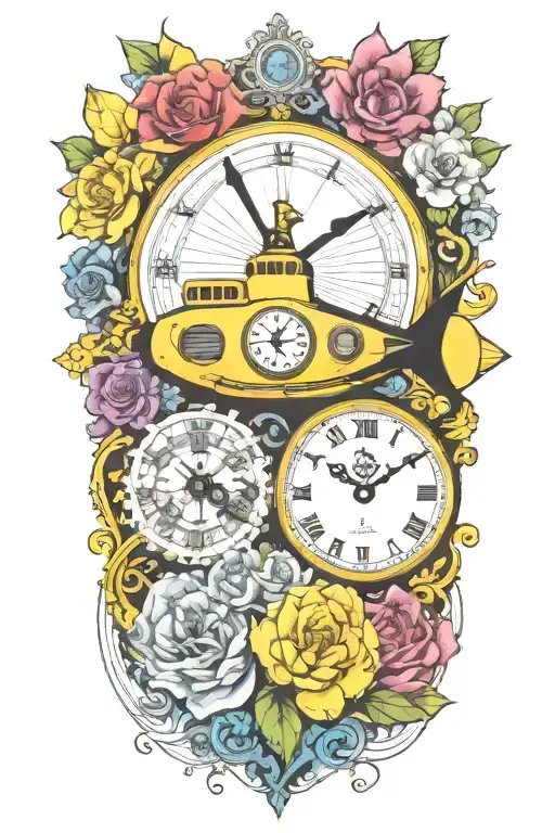 Yellow Submarine With Colorful Flowers And Clock And Rainbow